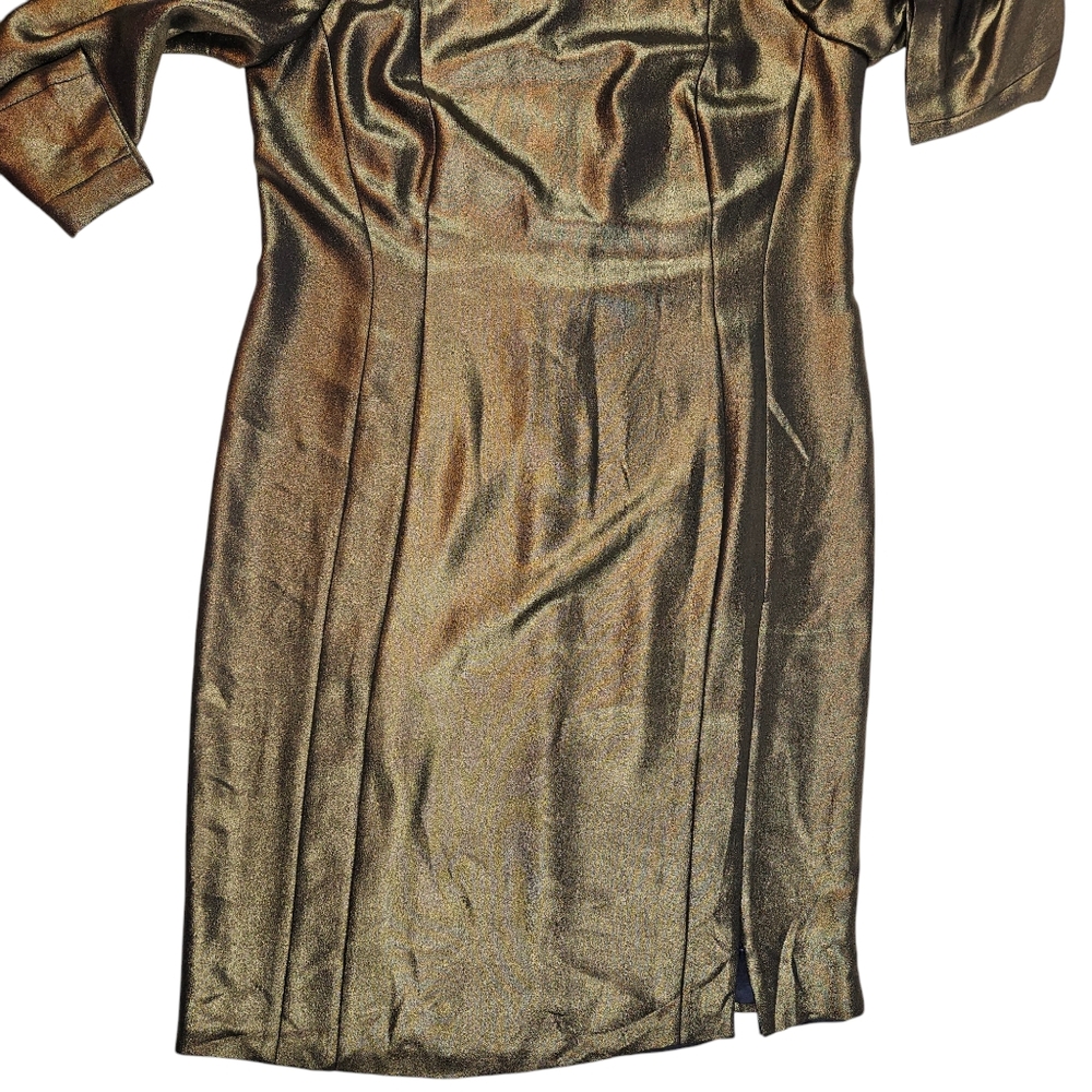 Akris Gold Metallic 100% Mulberry Silk Sheath Dress Sz 16 Evening Party Wedding - Picture 10 of 16